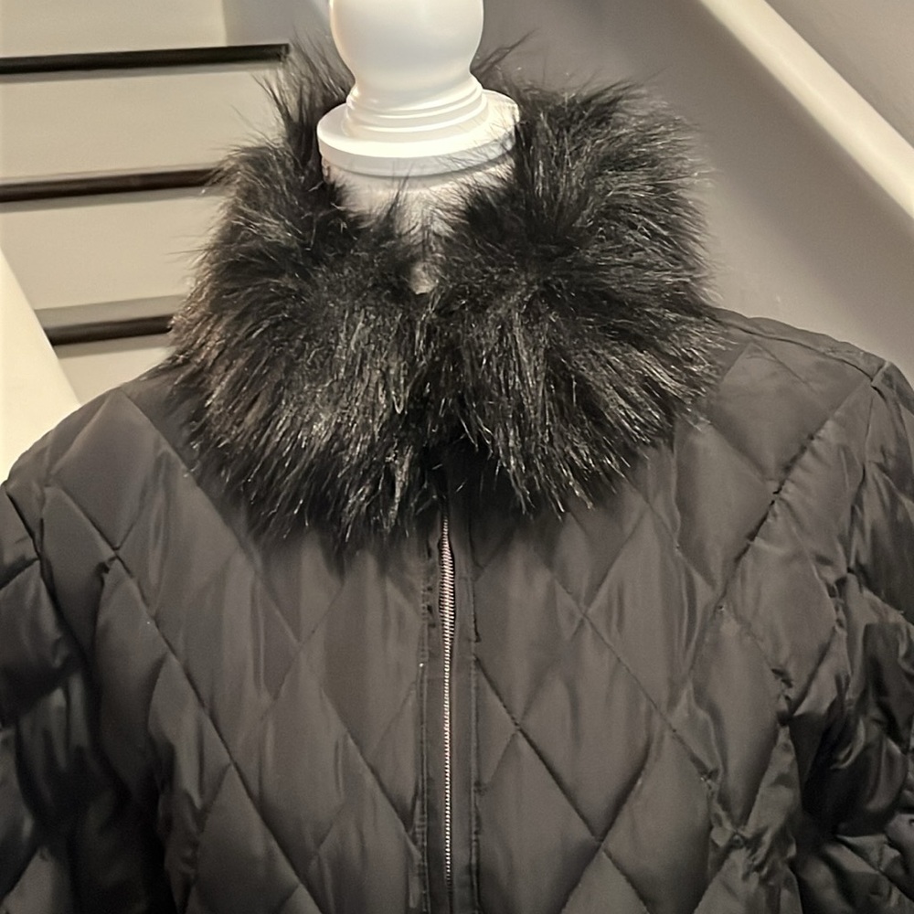 Marvin Richards Black Puffer Mid-Length Coat/Jacket with faux fur. Sz L - Picture 15 of 16